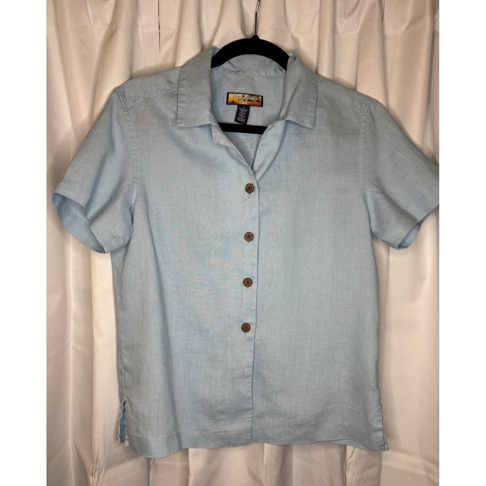 Vintage Havana Jack's Cafe 100% Linen Light Blue Button Down Camp Blouse